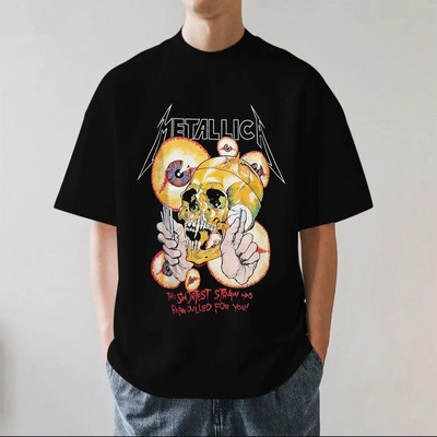 METALLICA重金属乐队美式复古摇滚骷髅头重磅280g纯棉短袖T恤宽松