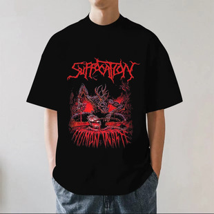 Suffocation窒息乐队摇滚重金属欧美街头落肩重磅纯棉短袖T恤宽松