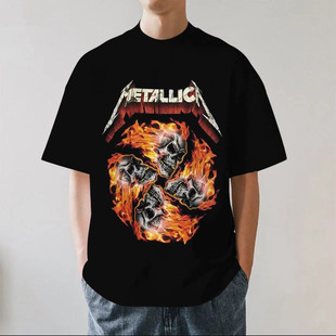 METALLICA重金属乐队摇滚骷髅头vtg高街落肩重磅纯棉短袖T恤宽松