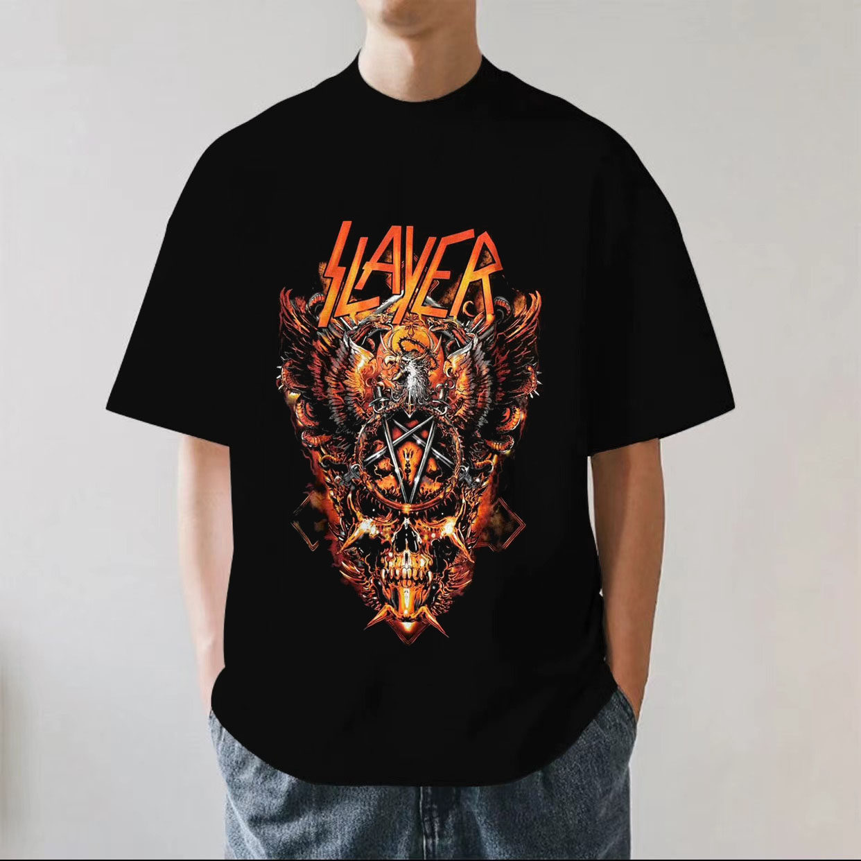 Slayer乐队欧美小众摇滚激流金属街头落肩重磅纯棉男短袖T恤宽松