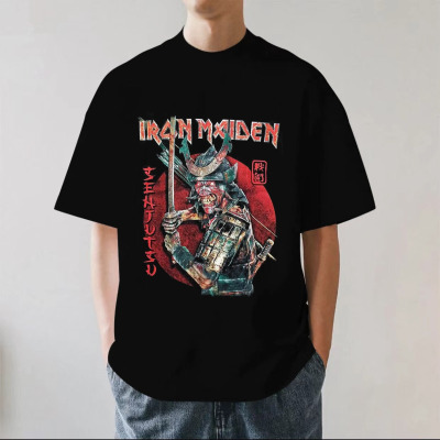 铁娘子乐队Iron Maiden周边日本武士落肩夏季重磅纯棉短袖T恤宽松