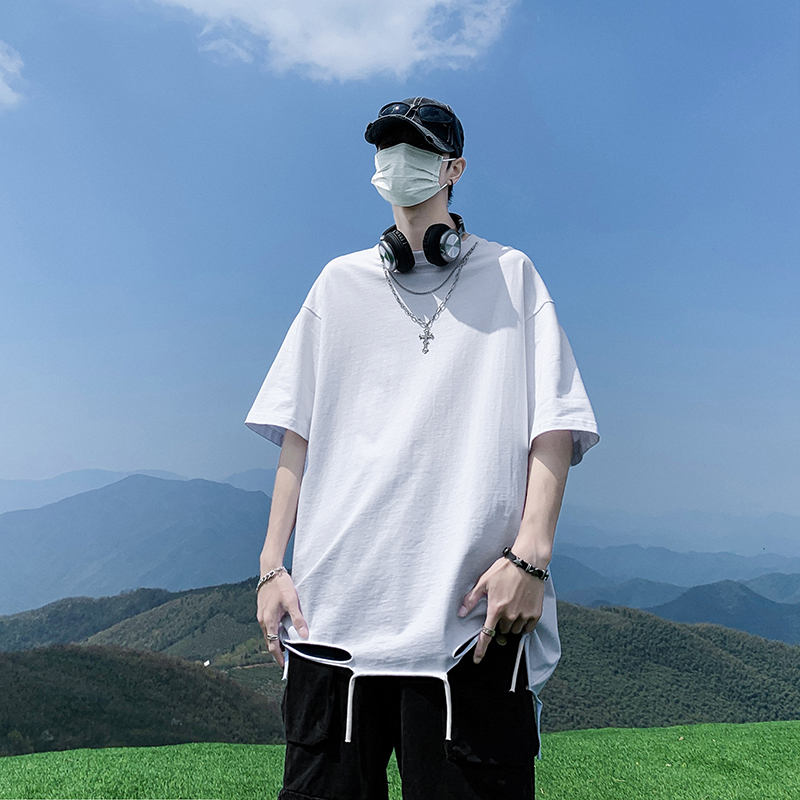 得物唯品光板二开260G水洗下摆割烂短袖T恤配挂件 DT340特批P38