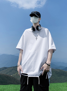 得物唯品光板二开260G水洗下摆割烂短袖T恤配挂件 DT340特批P38