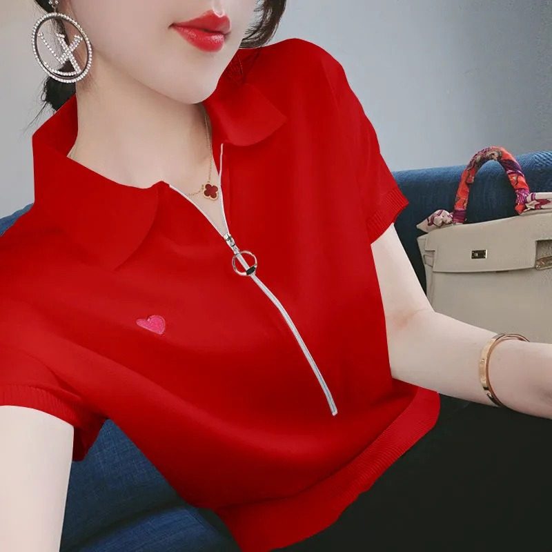 冰丝针织衫短袖t恤女夏季薄款2025新款修身显瘦大码polo领上衣女