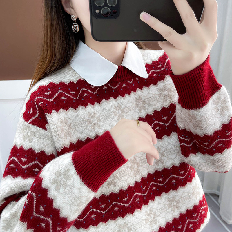 红色毛衣女冬季2025年新款加绒加厚假两件女士内搭打底针织衫上衣,女装/女士精品,毛衣,淘宝优惠券,粉丝福利购,淘宝优惠卷