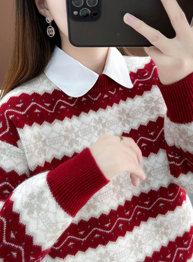红色毛衣女冬季2025年新款加绒加厚假两件女士内搭打底针织衫上衣
