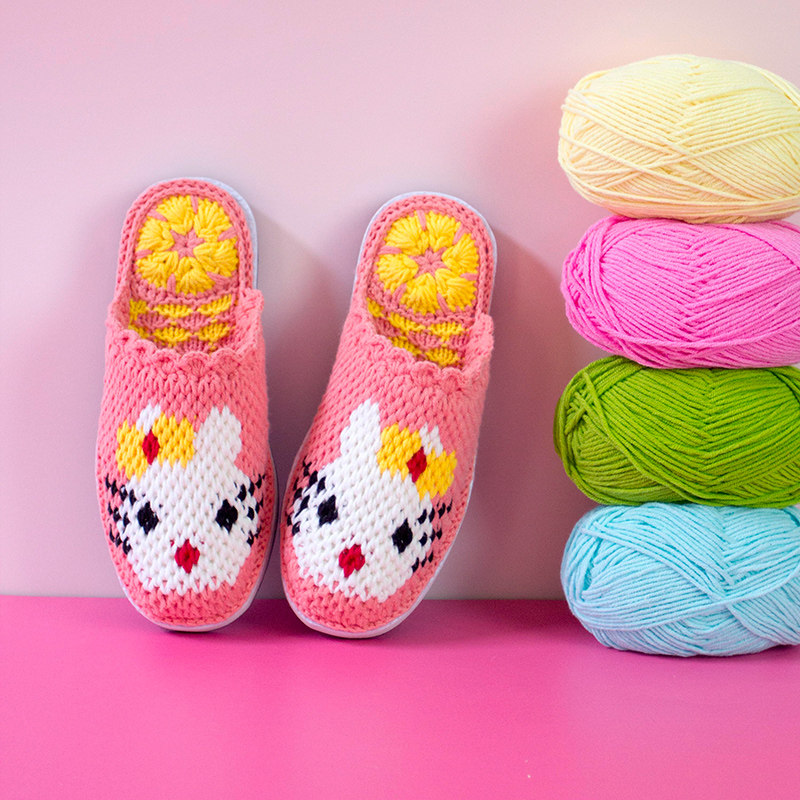 雅馨绣坊diy儿童卡通kt猫拖鞋四股毛线钩手工鞋宝宝牛筋底材料包