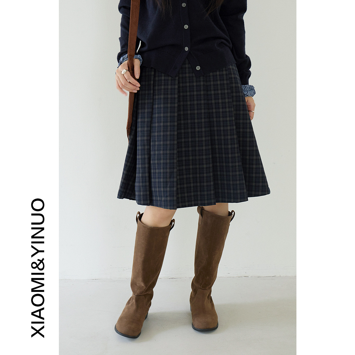 学院风复古格子高腰百褶半身裙女2025秋季显瘦A字裙