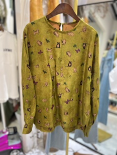 轻奢欧货原创设计宽松百搭圆领长袖 女上衣 香云纱印花衬衫