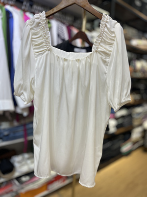 重磅真丝桑蚕丝缎面法式方领泡泡短袖衬衫女大码显瘦洋气小衫上衣