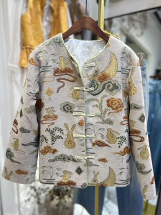 轻奢欧货原创设计宽松百搭圆领长袖 印花棉服外套女上衣