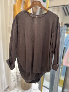 轻奢欧货原创设计宽松百搭圆领长袖 设计 纯色亚麻衬衣女不规则个性