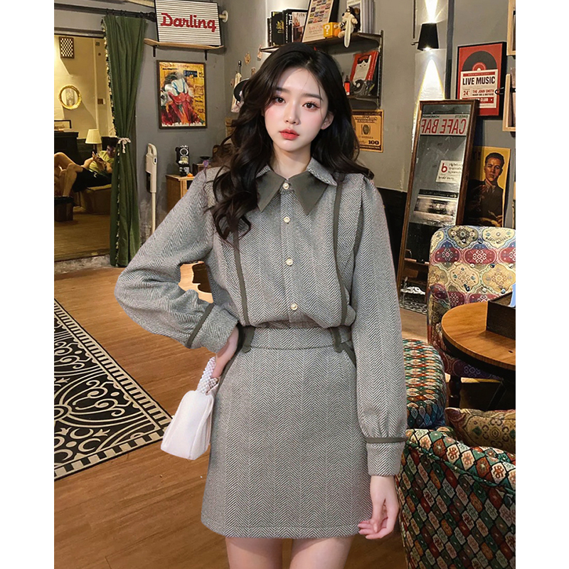 时尚小衫2025春新款衬衫洋气衬衣复古港风上衣+半身裙两件套女