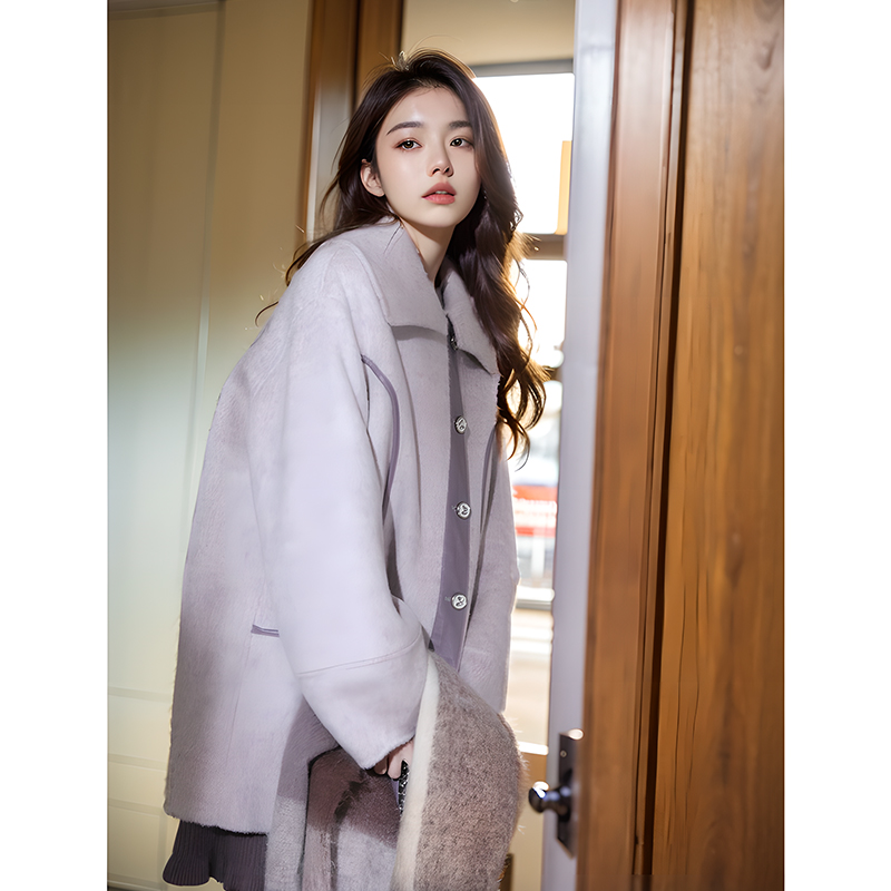 廓形大衣【露光夜紫】翻领拼接呢子外套女秋冬气质名媛风外搭大衣