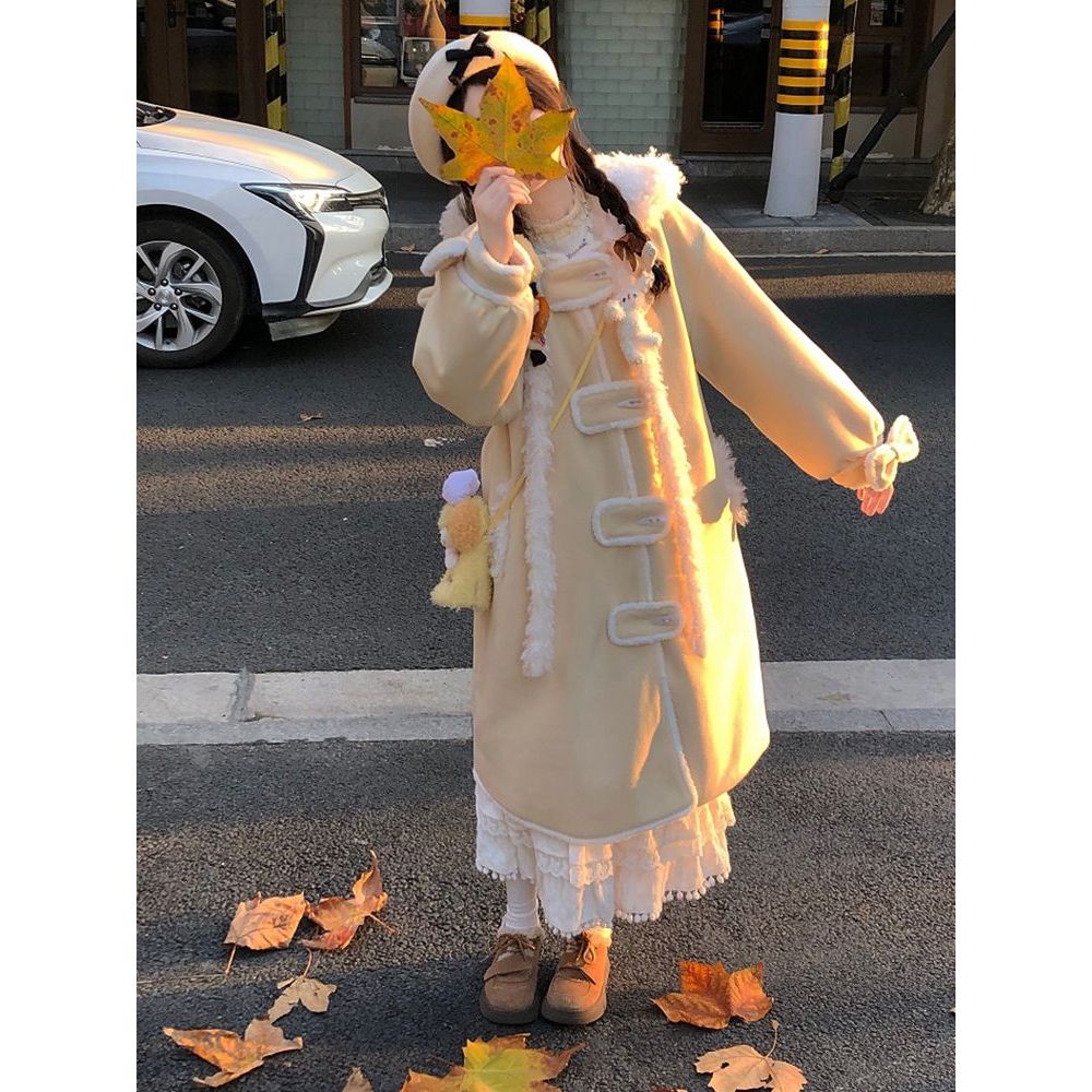甜美可爱牛角扣拼接连帽毛呢外套女冬季新款高级感小个子呢子大衣