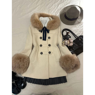 【古堡慕斯】古早千金风大衣冬季新款日系气质毛绒拼接双排扣外套