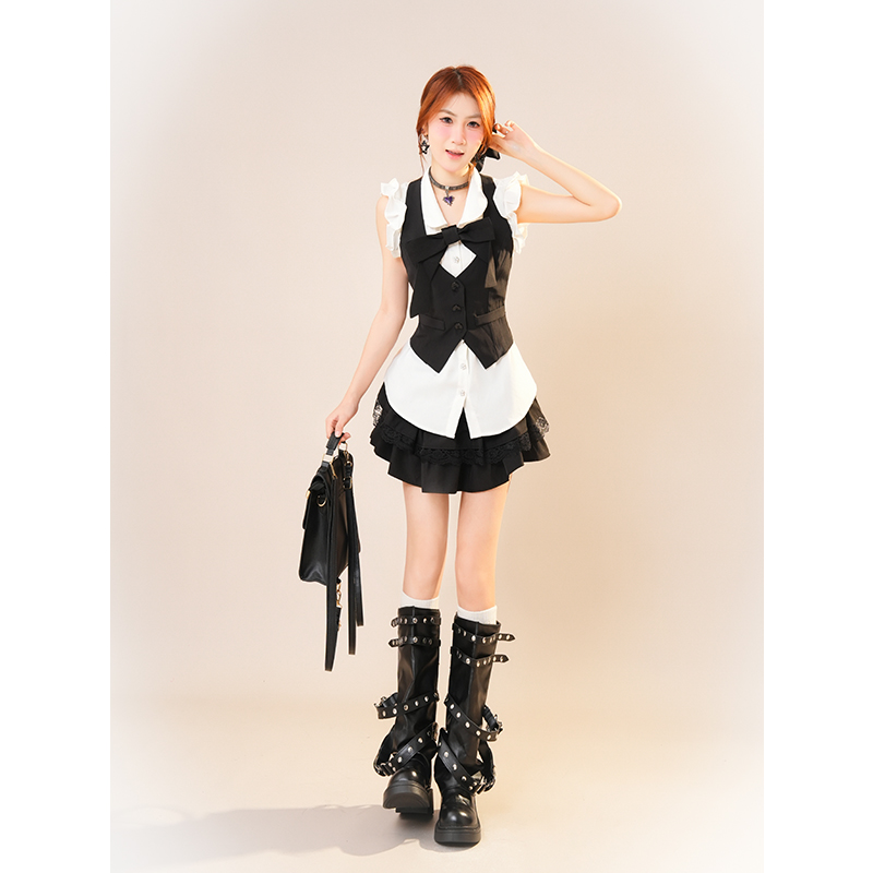 法式宫廷哥特风学院风白色衬衣上衣+复古修身马甲+蓬蓬裙三件套女