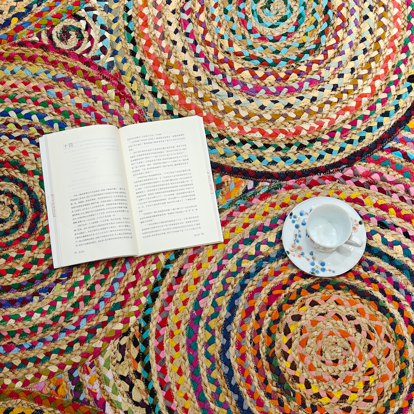 印度进口手工编织黄麻地垫彩虹地毯波西米亚民族风沙发卧室床边毯