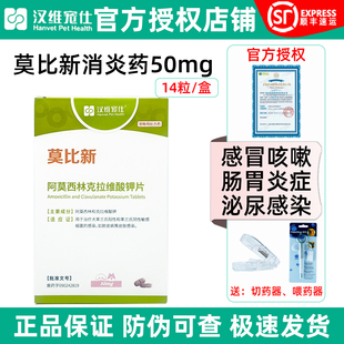 汉维宠仕莫比新阿莫西林克拉维酸钾片宠物狗狗猫感冒药消炎药50mg