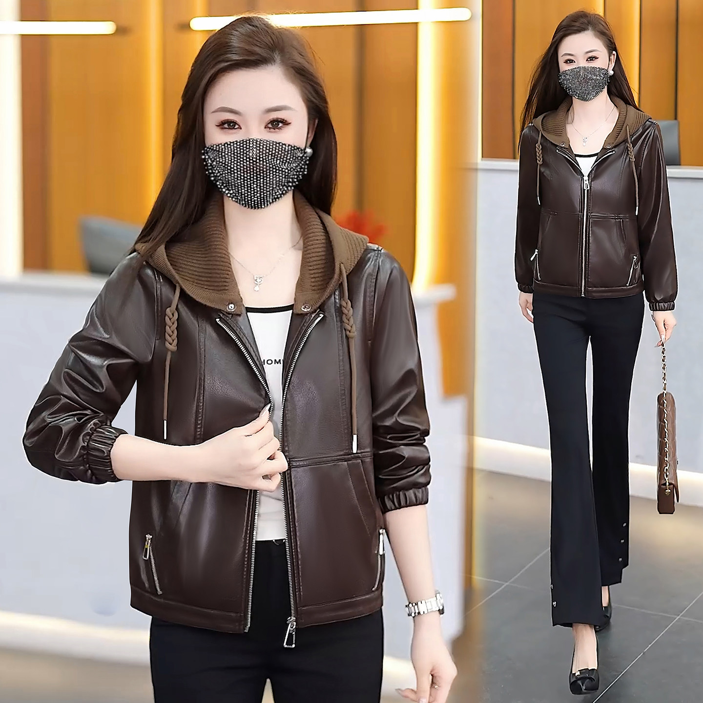 连帽短款皮衣外套女春款2026新款小个子宽松休闲百搭PU皮夹克上衣