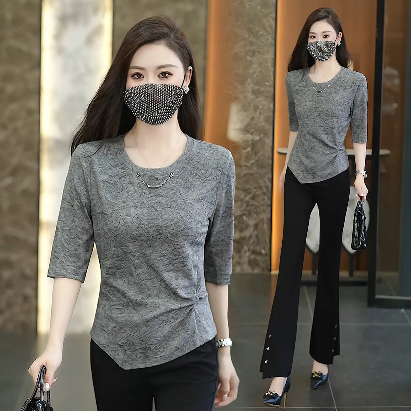 灰色五分袖t恤女春款2026新款修身不规则上衣时尚洋气女士打底衫
