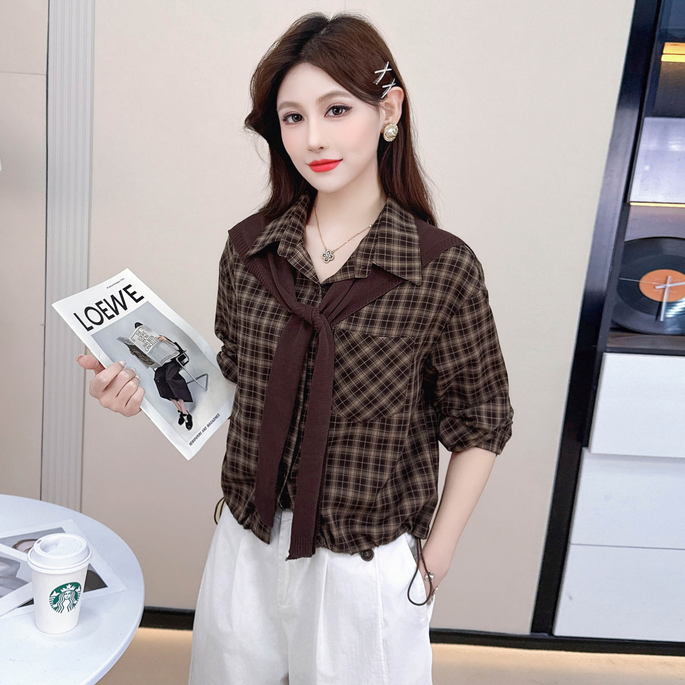 带披肩长袖格子衬衫女2025年