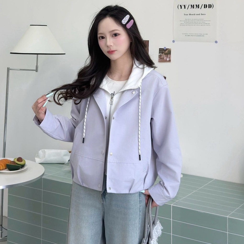 假两件连帽外套女春款2026新款小个子短款宽松百搭休闲风夹克上衣
