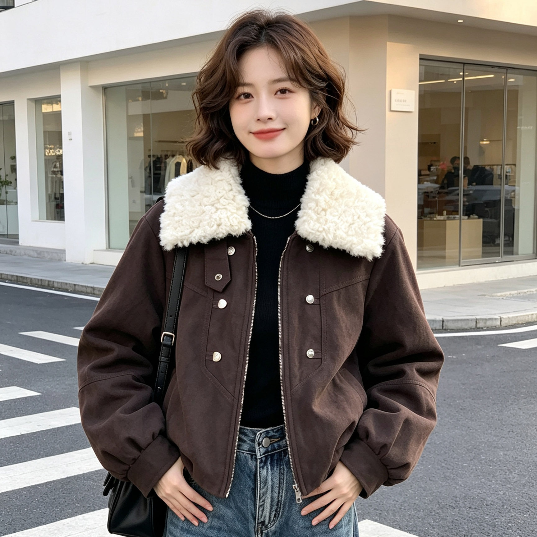 复古毛毛领短外套女秋冬新款