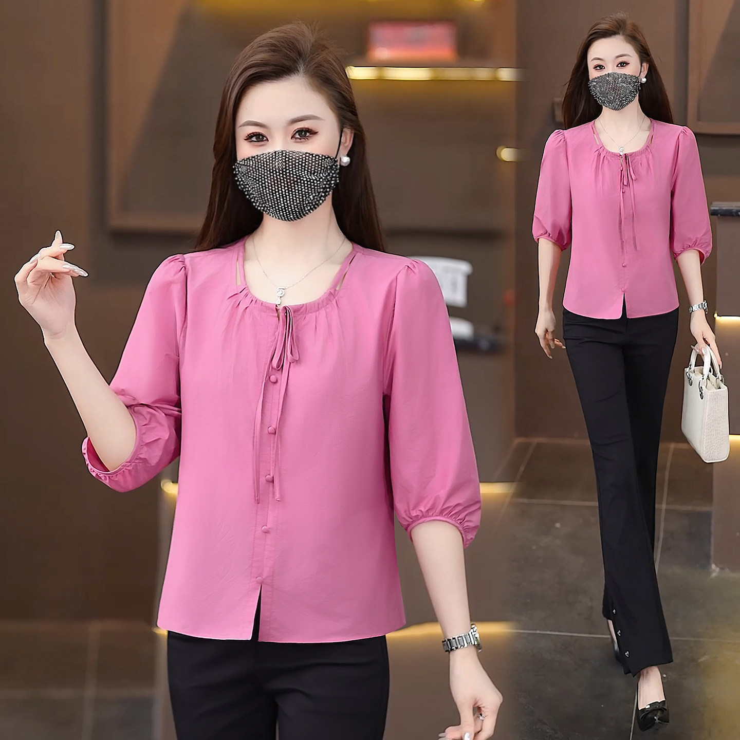 五分袖系带衬衫女2026春夏新款减龄洋气小衫宽松休闲女士中袖上衣