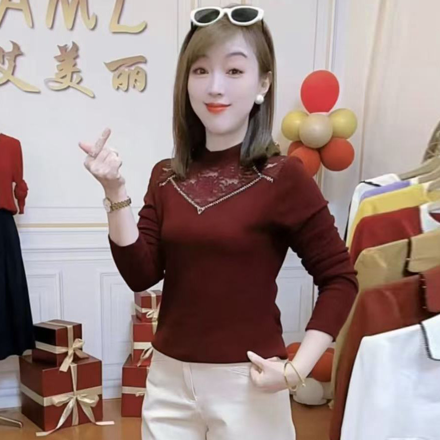 双面绒烫钻蕾丝拼接长袖T恤女