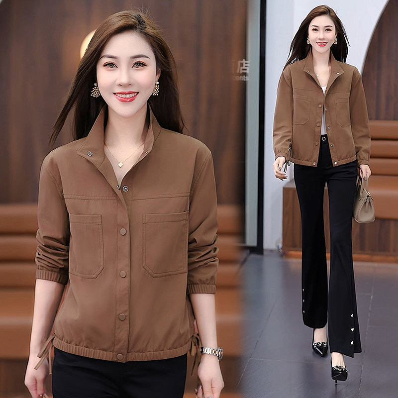立领短款休闲外套女春款2026新款小个子显瘦抽绳收腰女士夹克上衣
