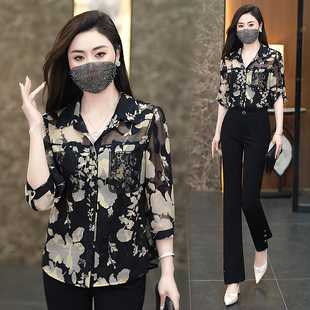 七分袖印花衬衫女春款2026新款时尚洋气衬衣高端显瘦女士中袖上衣