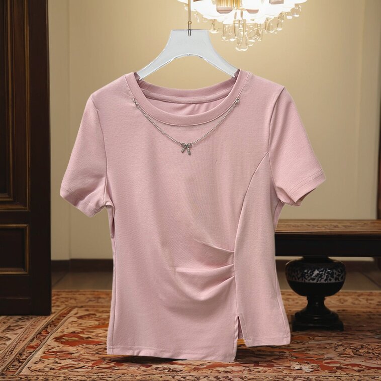 粉色不规则短袖t恤女夏季2026新款减龄洋气小衫修身显瘦褶皱上衣