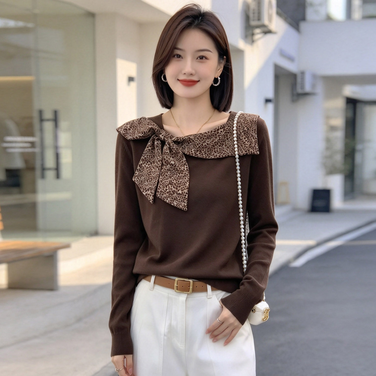 秋季豹纹蝴蝶结长袖t恤女