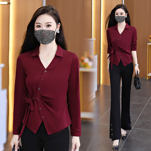 长袖衬衫女2026新款春款洋气小衫设计感小众收腰显瘦女士红色上衣