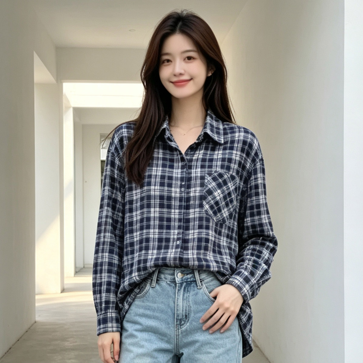 秋季中长款长袖格子衬衫女