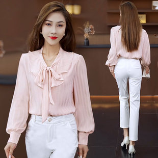 粉色蝴蝶结长袖衬衫女春款2026新款时尚洋气衬衣职业气质女士上衣