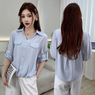 蓝色九分袖衬衫女春款2026年新款小个子短款遮肉显瘦女士休闲上衣