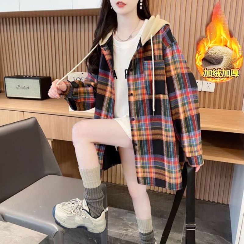 胖mm特大码加绒磨毛格子外套女连帽衬衫秋冬新款中长保暖百搭加厚图片