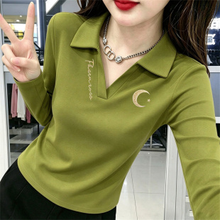 德绒妈妈秋装洋气上衣中老年POLO衫时尚有领长袖t恤女翻领打底衫.