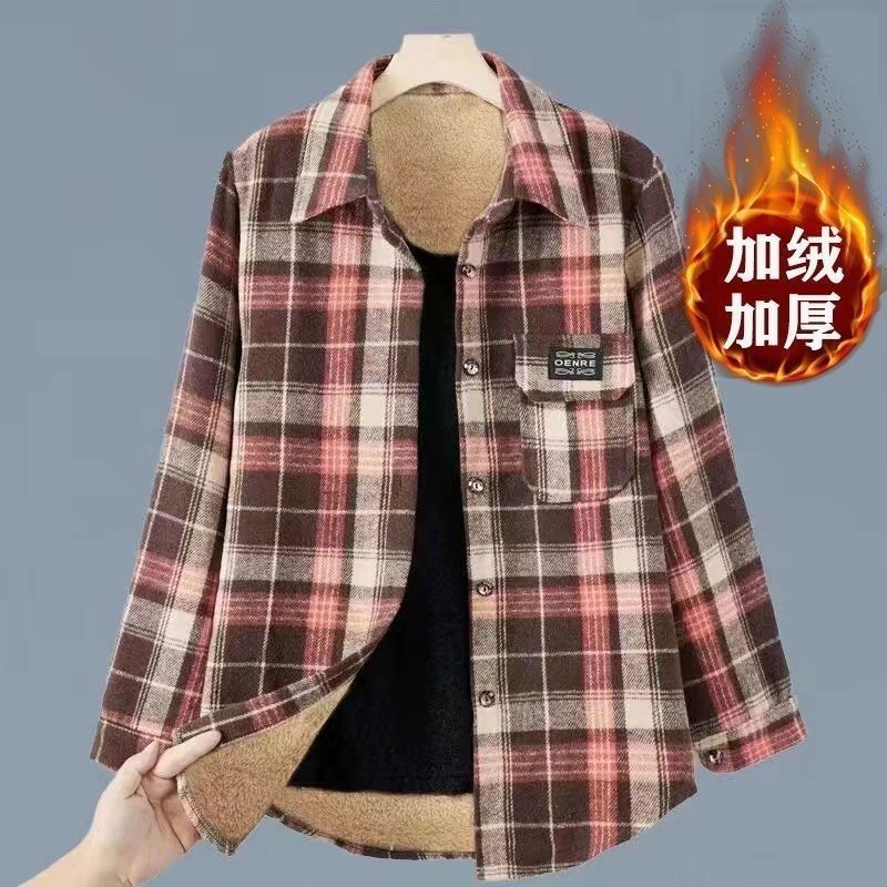 秋冬新款升级加绒加厚妈妈保暖格子衬衫大码韩范宽松百搭上衣外套图片