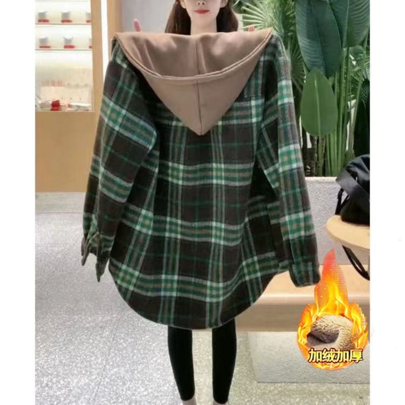 大码加绒磨毛格子衬衫女连帽上衣秋冬中长款宽松百搭衬衣加厚外套图片