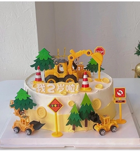儿童挖土机生日蛋糕装饰摆件工程车挖掘机压路机塔吊路障玩具