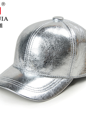 秋冬新款青年真皮鸭舌帽女羊皮棒球帽薄款户外休闲金色银色皮帽