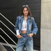 纯棉修身 LEDIM 新款 假两件长袖 WANG撞色短款 牛仔外套女2026春季