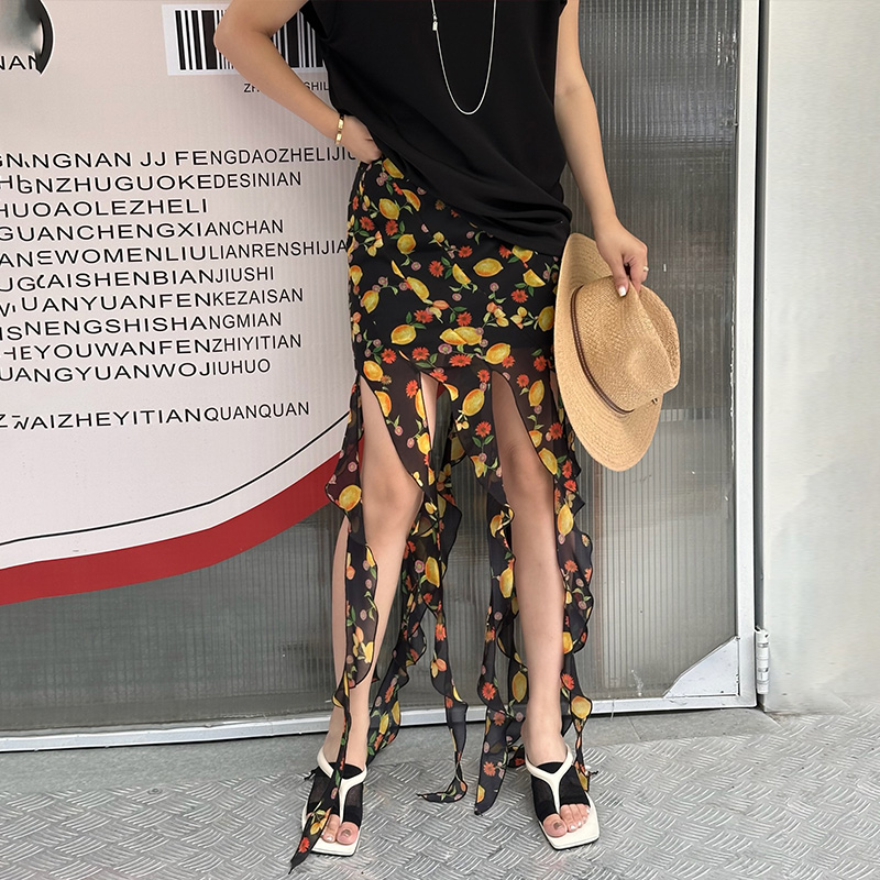 LEDIM WANG【白标系列】荷叶海带半身裙女夏黑色包臀短裙2025新款