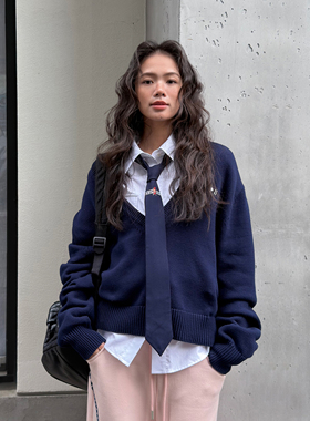 【刘恋同款】LEDIM WANGV领刺绣针织衫女藏青套头毛衣2026春新款