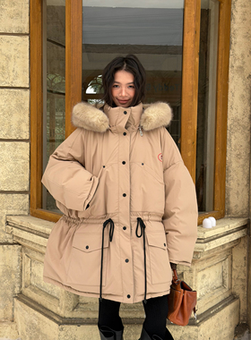 LEDIM WANG双面穿阔版羽绒服白鹅绒女卡其色双色连帽外套25冬新款