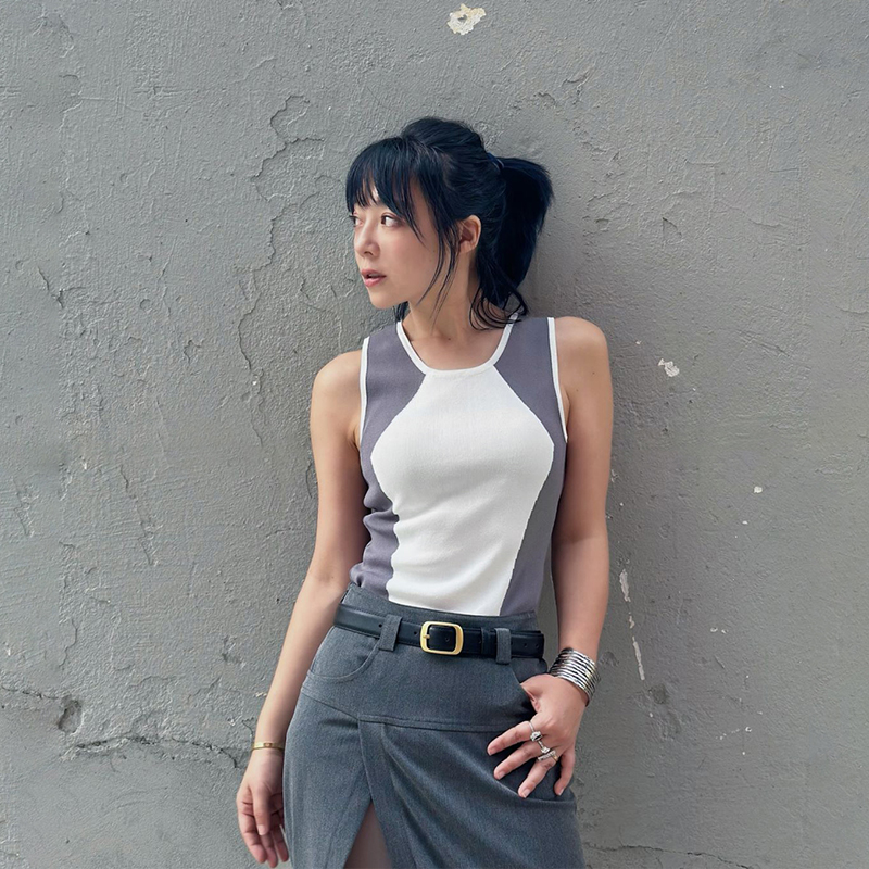 LEDIM WANG拼接撞色凉感背心女夏新款小众设计高级感针织上衣