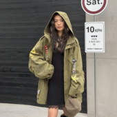 LEDIM 新款 WANG涂鸦印花工装 外套女森林绿宽松抽绳连帽2026春季